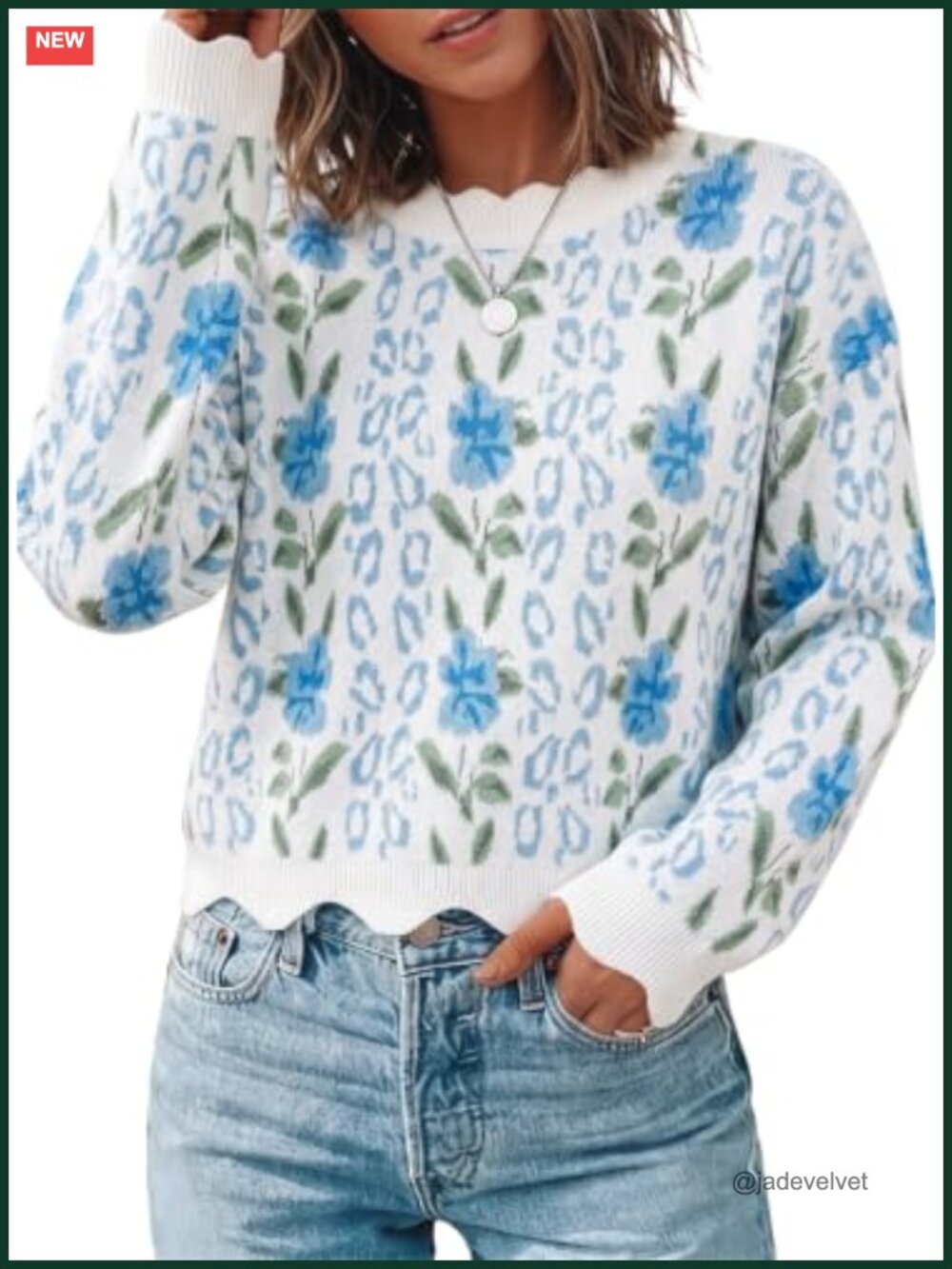 Floral Scalloped Trim Long Sleeve Pullover Sweater - Soft Knit, Relaxed Fit